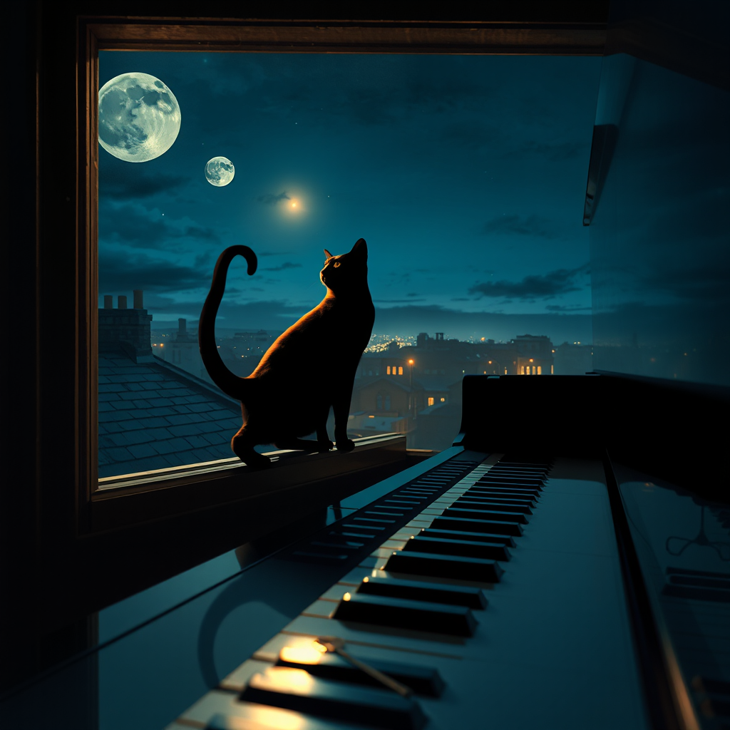 Black Cat on the Pianosill